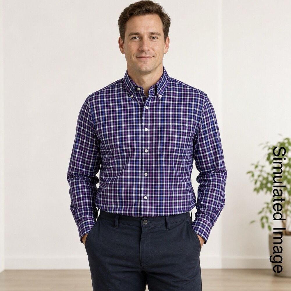 Hathaway Mens L Non-Iron Button Down Shirt Blue Purple Plaid Cotton